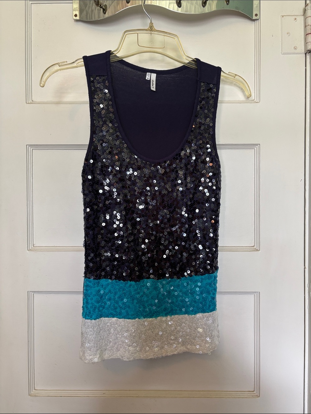 Studio Y Sequin Colorblock Tank Top - Black, Teal & White Size M